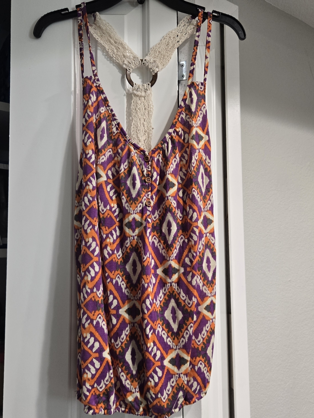Love By Design Purple and Orange Printed Crochet-Back Camisole